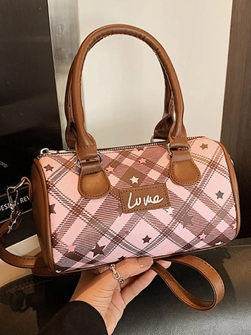 Bolso Almohada Casual para Mujer Conmutador de Cuero PU Peluche Rayado Cuadros Patrón Estrella Bolso Bandolera Boston Bolso de Mano Cilíndrico