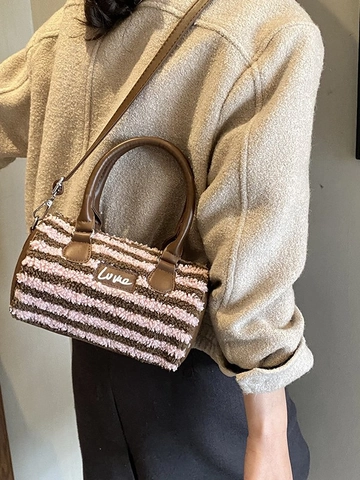 Bolso Almohada Casual para Mujer Conmutador de Cuero PU Peluche Rayado Cuadros Patrón Estrella Bolso Bandolera Boston Bolso de Mano Cilíndrico