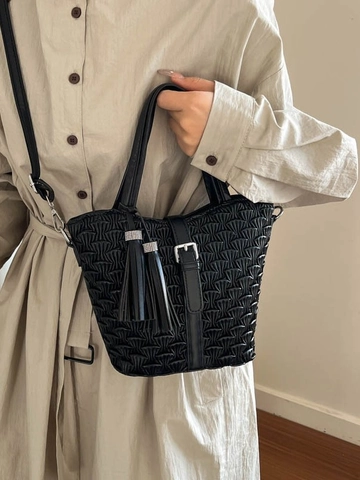 Borsa a Secchiello Pieghettata da Donna in Pelle PU con Decorazione a Nappa Borsa a Tracolla Pendolare