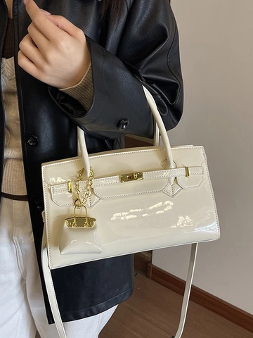 Borsa a Mano da Donna di Grande Capacità in Pelle Verniciata PU Elegante Borsa a Tracolla da Pendolare Con Chiusura in Metallo e Pendente Mini Borsa