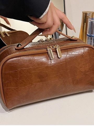 Große Kapazität PU Leder Krokodil Muster Kosmetiktasche Tragbare Doppel Reißverschluss Kulturbeutel Damen Reise Handtasche Make-up Organizer