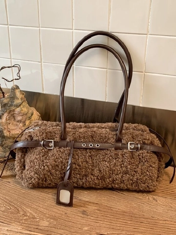 Women Faux Lamb Wool Tote Bag Large Capacity Plush Underarm Shoulder Bag With Leather Strap Fashion Cylinder Pillow Bag