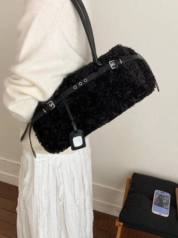 Women Faux Fur Plush Tote Bag PU Leather Strap Shoulder Underarm Bag Large Capacity Commuting Fashion Winter Handbag