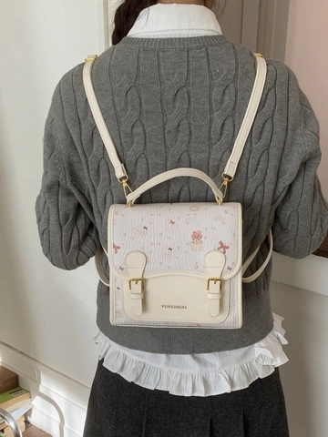 Cute Cartoon Bear Print PU Leather Mini Backpack Preppy Style Women Handbag Crossbody Bag With Bow Tie And Metal Buckle