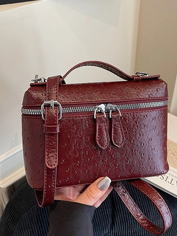 Vintage Ostrich Texture Handbag For Women Silver Zipper PU Leather Vanity Case Bag Square Crossbody Shoulder Bag Stylish Daily Top Handle Bag