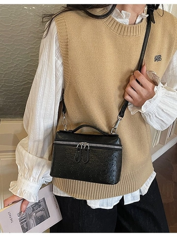 Vintage Ostrich Texture Handbag For Women Silver Zipper PU Leather Vanity Case Bag Square Crossbody Shoulder Bag Stylish Daily Top Handle Bag