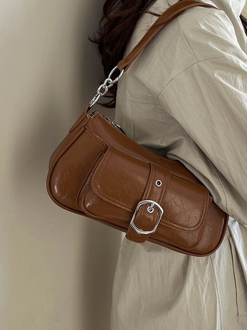 Borsa a Spalla Baguette in Pelle Sintetica Lucida Retro da Donna Con Tasca Frontale Fibbia Versatile Borsa Sottobraccio