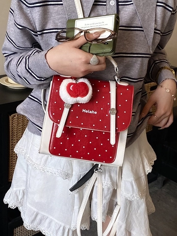 Mini Zaino da Donna in Pelle PU con Pois Retrò Borsa a Tracolla alla Moda con Ciondolo a Cuore per il Tempo Libero