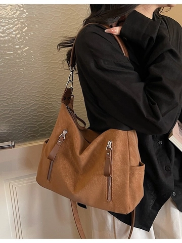 Women Large Capacity Hobo Shoulder Bag Retro PU Leather Crossbody Bag With Double Decorative Zipper Commute Daily Tote Bag