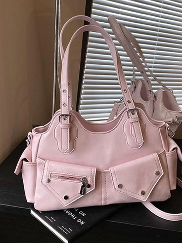 Dames Vintage Motor PU Leer Schoudertas Grote Capaciteit Multi Pocket Klinknagels Tote Bag Woon Werkverkeer Tas