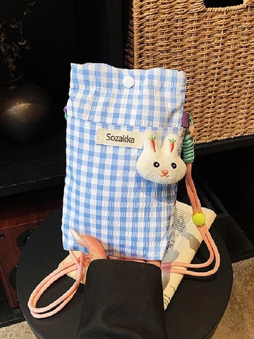 Sac à Bandoulière pour Téléphone Portable en Tissu Vichy pour Femme Avec Charme Lapin en Peluche Sangle Corde Réglable