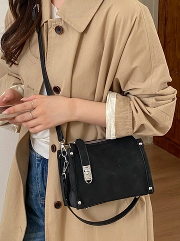 Damen Falten PU Leder Umhängetasche Minimalistisch Nische Handtasche Nietendekor Kissentasche Mit Verstellbarem Schultergurt