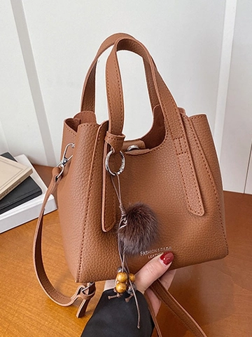 Borsa a Secchiello in Pelle PU Vintage da Donna Con Ciondolo a Pompon Moda Motivo Litchi Borsa a Tracolla Piccola Tote Bag