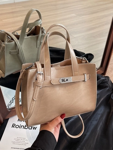 Women Sophisticated PU Leather Handbag With Metal Turn Lock Solid Color Commuter Tote Bag Single Adjustable Shoulder Strap Office Bag