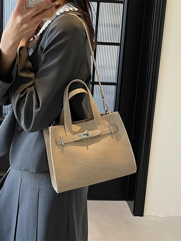 Women Sophisticated PU Leather Handbag With Metal Turn Lock Solid Color Commuter Tote Bag Single Adjustable Shoulder Strap Office Bag