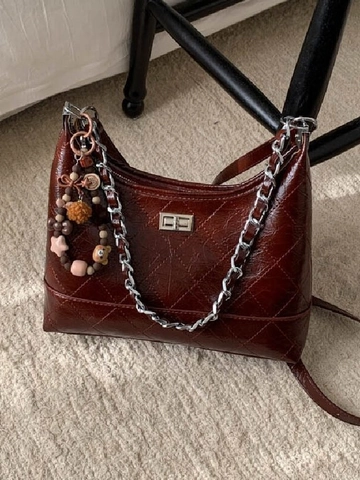 Women Retro Quilted Shoulder Bag PU Leather Underarm Bag Metal Chain Turn Lock Commuter Crossbody Bag With Beaded Charm