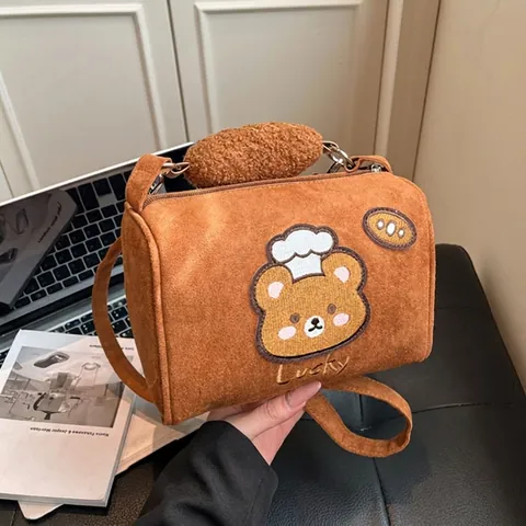 Women's Cute Cartoon Bear Embroidery Cylinder Crossbody Bag Suede Plush Top Handle Handbag With Bread Shape Decor Pillow Bag