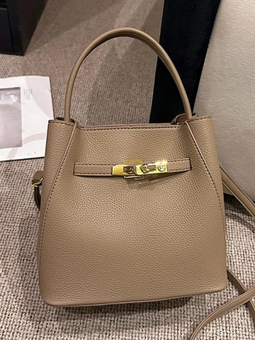 Damen Litschimuster PU Leder Eimertasche Minimalistisch Griff Umhängetasche Mit Goldenem Metallverschluss Pendler Schultertasche