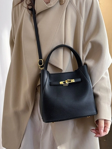 Damen Litschimuster PU Leder Eimertasche Minimalistisch Griff Umhängetasche Mit Goldenem Metallverschluss Pendler Schultertasche