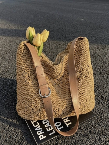 Damen Häkeln Gewebte Tragetasche Floral Ausschnitt Umhängetasche Mit Verstellbarem PU Leder Riemen Resort Strand Handtasche