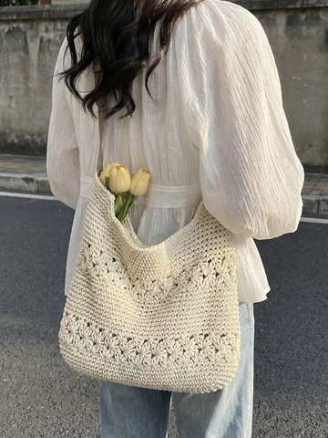 Damen Häkeln Gewebte Tragetasche Floral Ausschnitt Umhängetasche Mit Verstellbarem PU Leder Riemen Resort Strand Handtasche