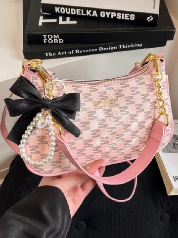 Vintage Monogram Printed PU Leather Shoulder Bag With Chain Strap Artificial Pearl Charm Satin Bow Decoration Elegant Underarm Bag For Women