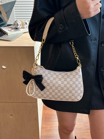 Vintage Monogram Printed PU Leather Shoulder Bag With Chain Strap Artificial Pearl Charm Satin Bow Decoration Elegant Underarm Bag For Women
