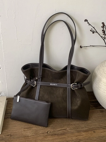 Women Large Capacity Tote Bag Matte PU Leather Contrast Stitching Vintage Minimalist Handbag Commuting Shoulder Bag With Pouch