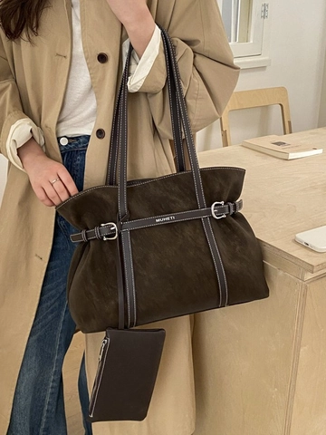 Women Large Capacity Tote Bag Matte PU Leather Contrast Stitching Vintage Minimalist Handbag Commuting Shoulder Bag With Pouch