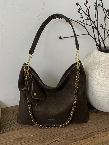 Large Capacity PU Leather Hobo Shoulder Bag For Women Retro Minimalist Tote Bag With Decorative Metal Chain And Mini Pouch