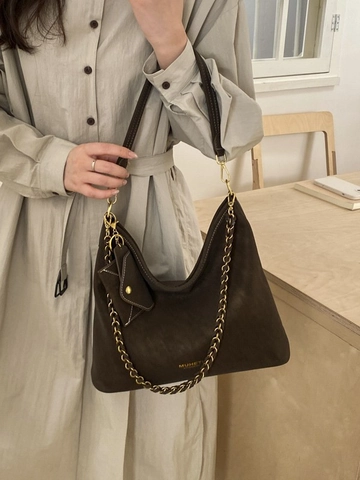 Large Capacity PU Leather Hobo Shoulder Bag For Women Retro Minimalist Tote Bag With Decorative Metal Chain And Mini Pouch