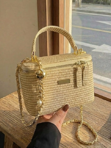 Women Retro Woven Square Bag Vanity Case Style Chain Shoulder Crossbody Handheld Bag PU Leather Box Handbag For Daily Travel