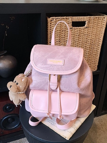 Vintage Women Backpack PU Leather Patchwork Fashion School Bag With Plush Charm Casual Drawstring Rucksack Travel Bag For Ladies