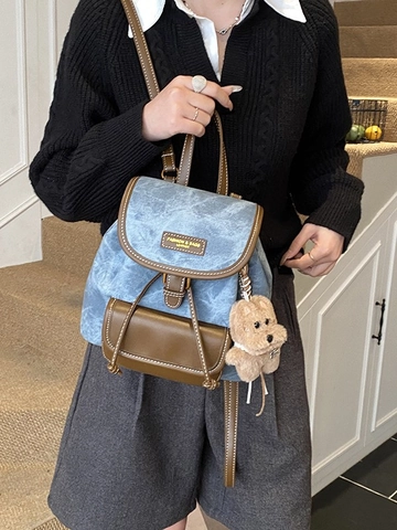 Women Retro PU Leather Backpack Fashion Stitching Small Rucksack With Plush Pendant Casual Travel School Shoulder Bag