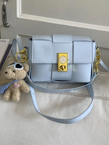 Gewebte Kleine Quadratische Umhängetasche Damen PU Leder Mode Gitter Schultertasche Mit Teddybär Anhänger Uhrenzifferblatt Schloss Lässige Messenger Bag
