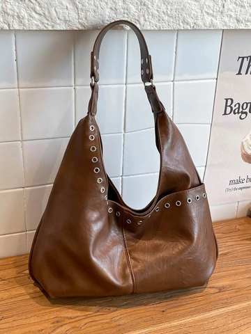 Sac Cabas en Cuir PU Grande Capacité pour Femmes Vintage Hobo Sac à Bandoulière Avec Oeillets Métalliques Minimaliste