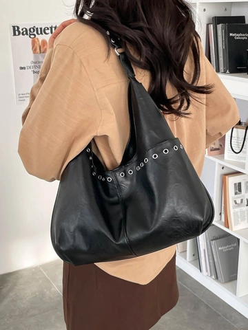Sac Cabas en Cuir PU Grande Capacité pour Femmes Vintage Hobo Sac à Bandoulière Avec Oeillets Métalliques Minimaliste