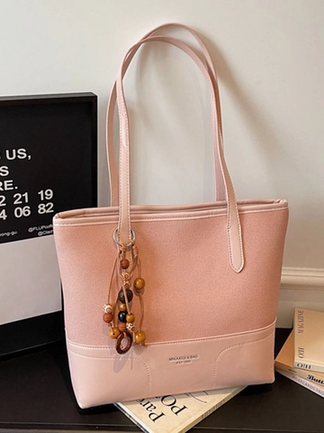 Women Large Capacity PU Leather Tote Bag Fashion Patchwork Splicing Shoulder Bag With Wood Bead Tassel Charm For Daily Commute