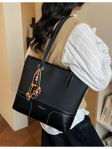 Women Large Capacity PU Leather Tote Bag Fashion Patchwork Splicing Shoulder Bag With Wood Bead Tassel Charm For Daily Commute