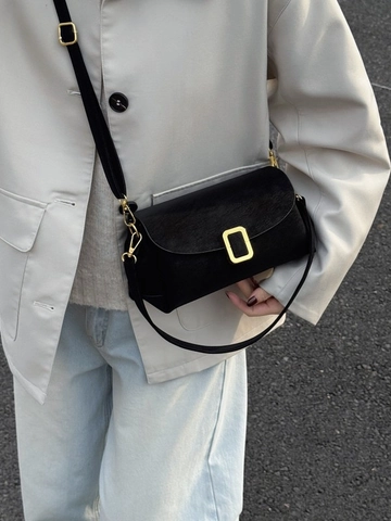 Sac Baguette Vintage Chic en Cuir PU pour Femmes Boucle Dorée Sophistiquée Sac à Épaule Bandoulière Niche Trajet Sous le Bras