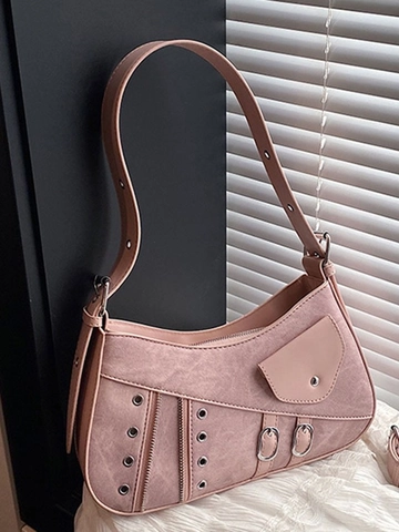 Women Retro Y2K Motorcycle Style PU Leather Crossbody Bag Asymmetric Saddle Shoulder Bag With Silver Grommets Zippers