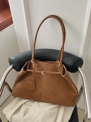 Vintage Damen Mattes PU Leder Tote Bag Große Kapazität Minimalistische Schultertasche Gürtel Dekoration Lässige Pendler Handtasche