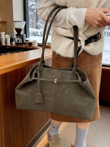 Vintage Damen Mattes PU Leder Tote Bag Große Kapazität Minimalistische Schultertasche Gürtel Dekoration Lässige Pendler Handtasche