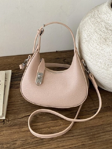 Borsa Hobo Donna Retrò a Mezzaluna in Pelle PU Trama Litchi Borsa a Spalla Con Serratura Argento Borsa a Tracolla Versatile Minimalista
