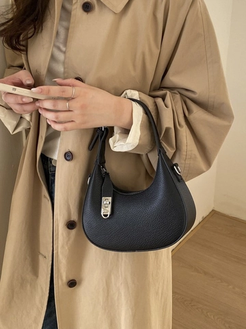 Borsa Hobo Donna Retrò a Mezzaluna in Pelle PU Trama Litchi Borsa a Spalla Con Serratura Argento Borsa a Tracolla Versatile Minimalista