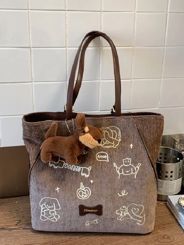 Vintage Corduroy Tote Bag Voor Vrouwen Grote Capaciteit Schoudertas Met Cartoon Hond Borduurwerk En Pluche Hanger Koffie