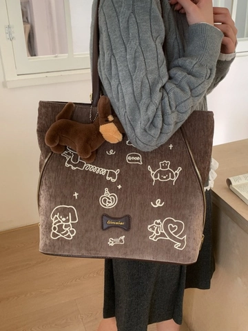 Vintage Corduroy Tote Bag Voor Vrouwen Grote Capaciteit Schoudertas Met Cartoon Hond Borduurwerk En Pluche Hanger Koffie