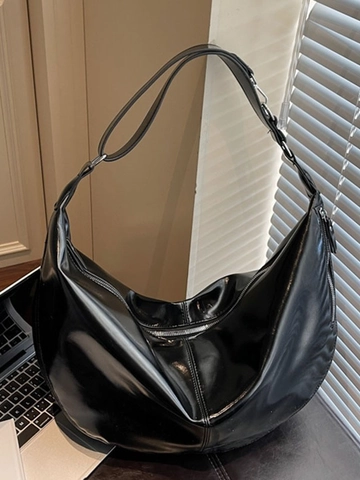 Women Large Capacity Glossy PU Leather Hobo Bag Vintage Half Moon Shoulder Crossbody Bag Minimalist Commute Travel Tote