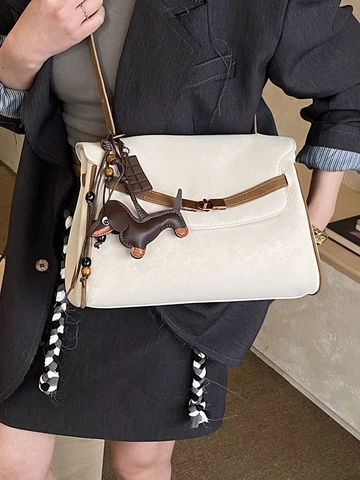 Retro Women PU Leather Tote Bag With Dachshund Charm Fashion Commuting Shoulder Bag Gold Metal Lock Buckle Crossbody Bag