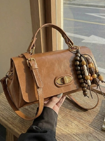 Vintage PU Leather Shoulder Bag For Women Small Square Handbag With Wooden Bead Charm Tassel Crossbody Purse Elegant Daily Satchel